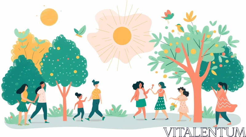 Cheerful Cartoon Illustration of Women and Girls in a Park AI Image