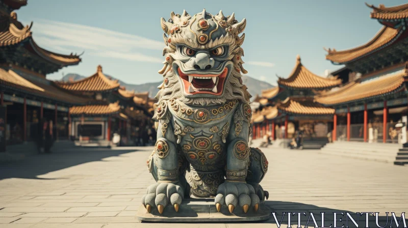 Chinese Guardian Lion at Elaborate Temple AI Image