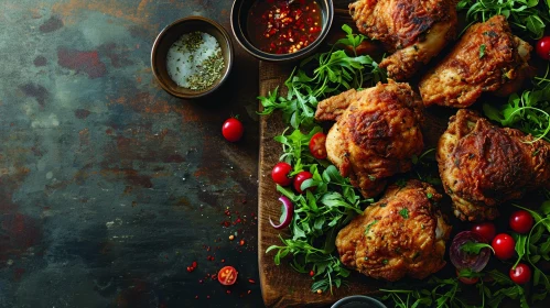 Delicious Fried Chicken on Arugula with Cherry Tomatoes and Red Onion