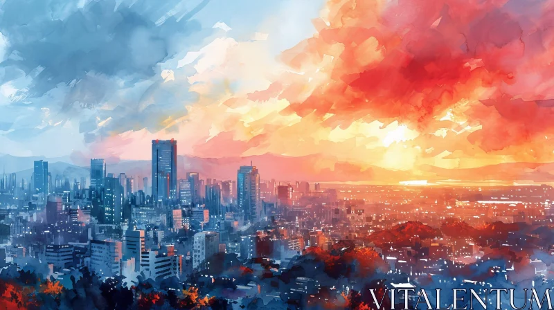Enchanting Watercolor Cityscape Painting | Captivating Sunset Sky AI Image