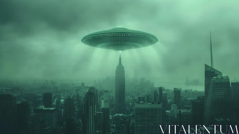 AI ART Enigmatic Green UFO Over Cityscape
