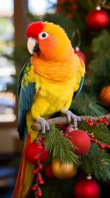 Exotic Parrot on Christmas Tree: Captivating Festive Image