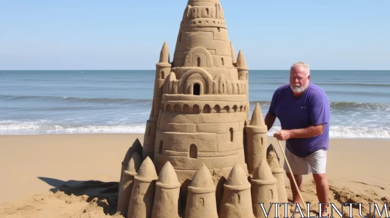 Man Building Sandcastle on Beach AI Image