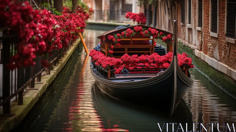 Romantic Gondola Ride Through a Canal of Red Flowers AI Image