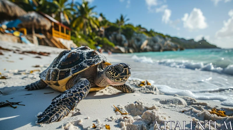 Sea Turtle on Tropical Beach - Captivating Wildlife Photography AI Image