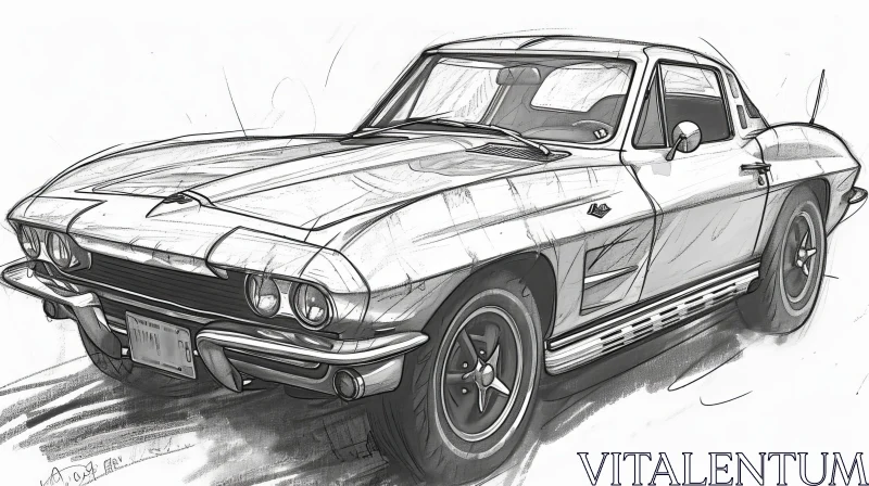 Timeless Elegance: Black and White Pencil Drawing of a 1960s Chevrolet Corvette Sting Ray Sports Car AI Image