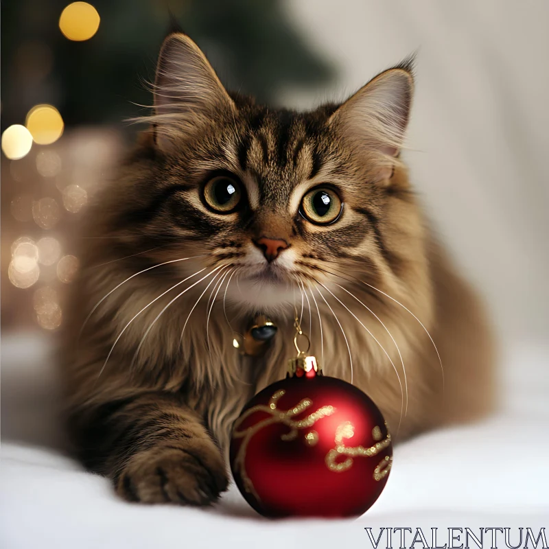 Festive Cat with Holiday Ornament AI Image