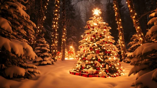 Magical Night in a Snow-Covered Forest with Christmas Decorations