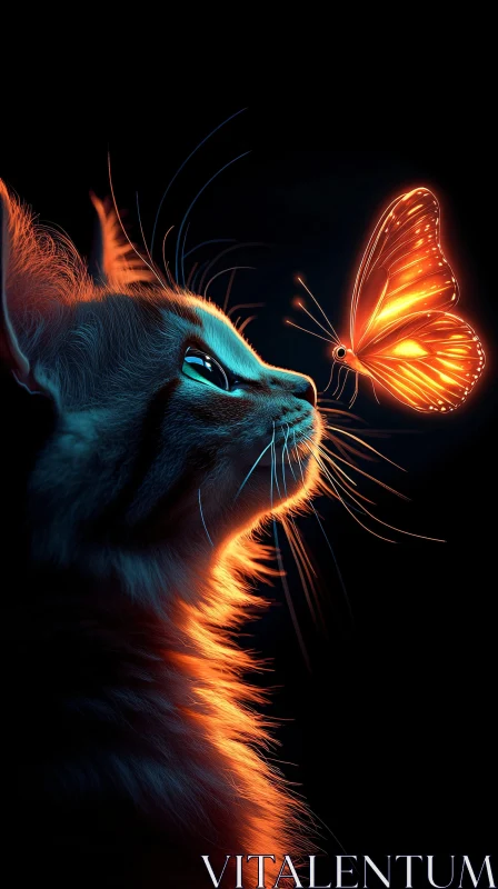 AI ART Illuminated Cat with Glowing Butterfly