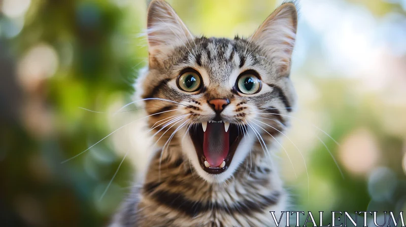 Lively Tabby Kitten Close-Up with Greenery Background AI Image