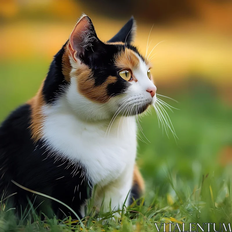 Close-Up of Calico Cat with Yellow Eyes in Nature AI Image