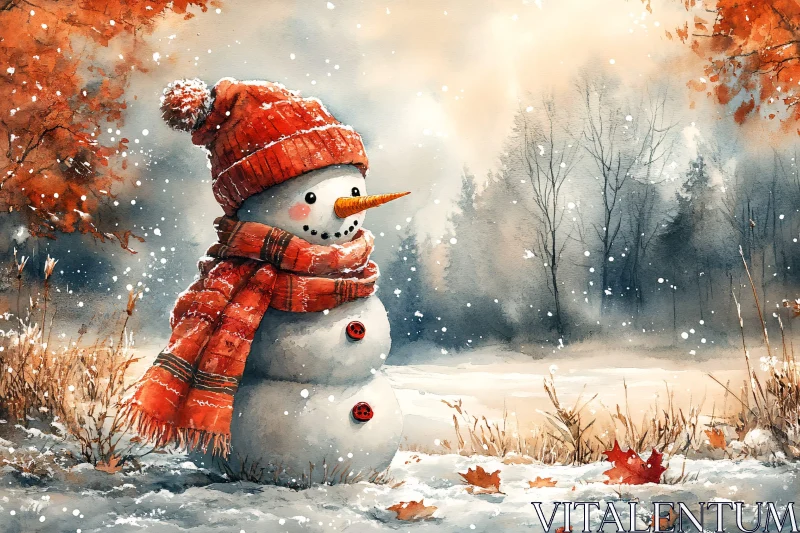 Snowman Amidst Winter Serenity AI Image