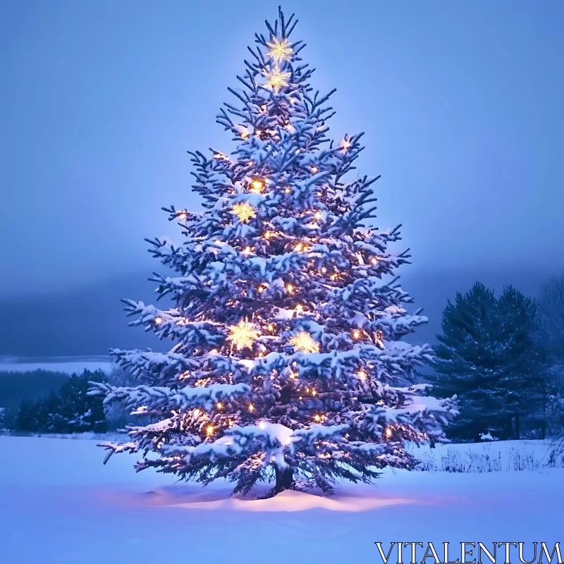 Snow-Covered Christmas Tree with Lights AI Image