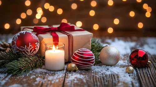 Holiday Decorations with Candle and Gift Box