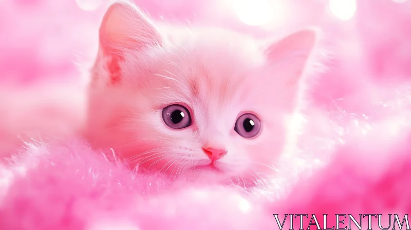 Charming White Kitten with Blue Eyes in Pink Furry Setting AI Image