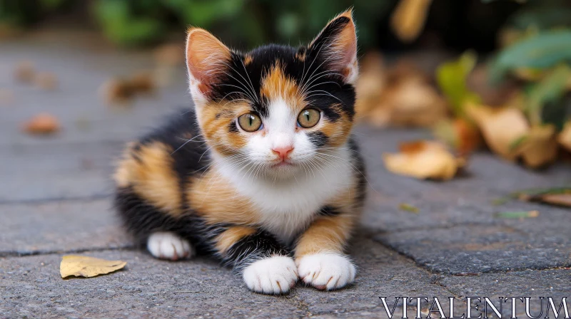 Innocent Calico Kitten Resting Outdoors AI Image