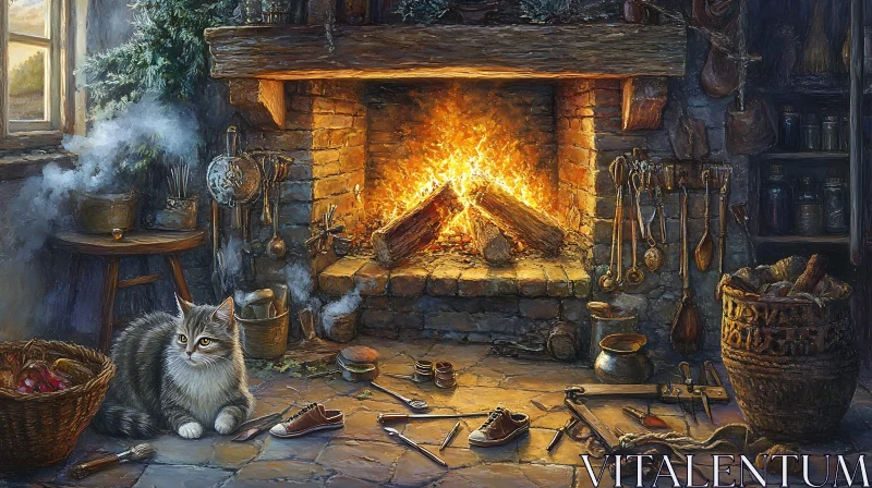 Serene Fireplace Scene in a Rustic Workshop AI Image