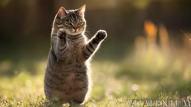 Playful Cat in Sun-drenched Field AI Image