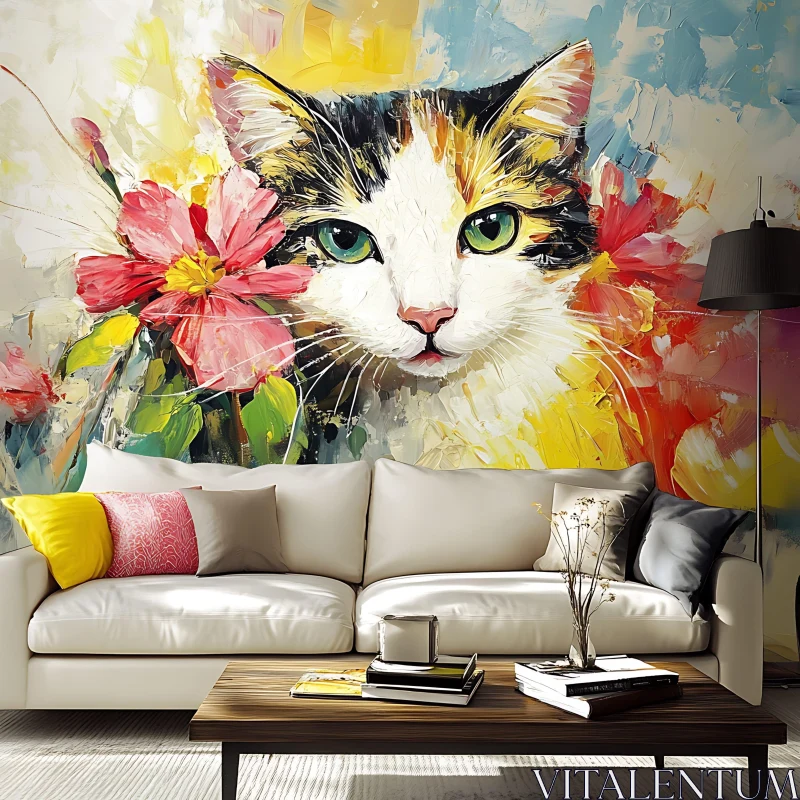 Exquisite Cat Painting with Floral Abstract Background AI Image