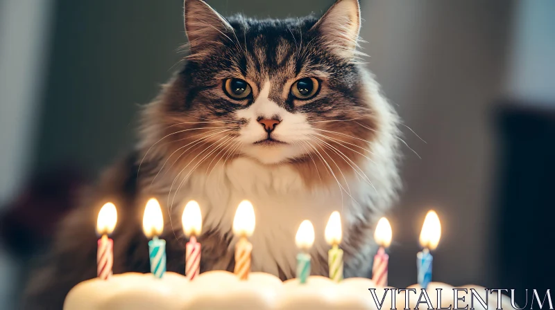 Cat Celebrating Birthday with Cake and Candles AI Image