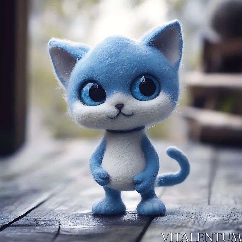 Cute Blue Felt Kitten with Expressive Eyes AI Image