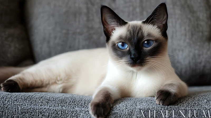 Siamese Cat with Beautiful Blue Eyes Resting on Couch AI Image