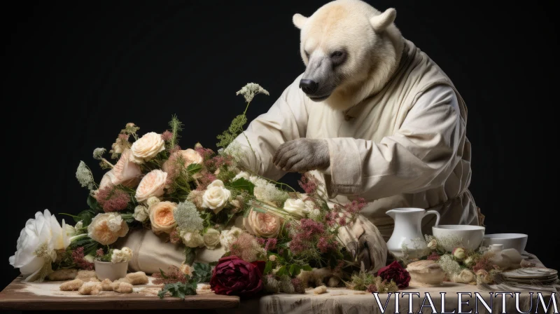 Arctic Meets Baroque: A Polar Bear's Floral Feast AI Image