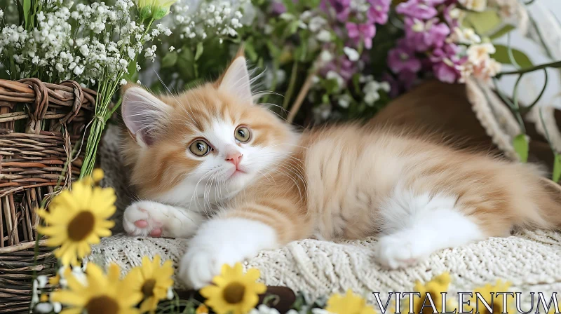 Charming Kitten Among Colorful Flowers AI Image