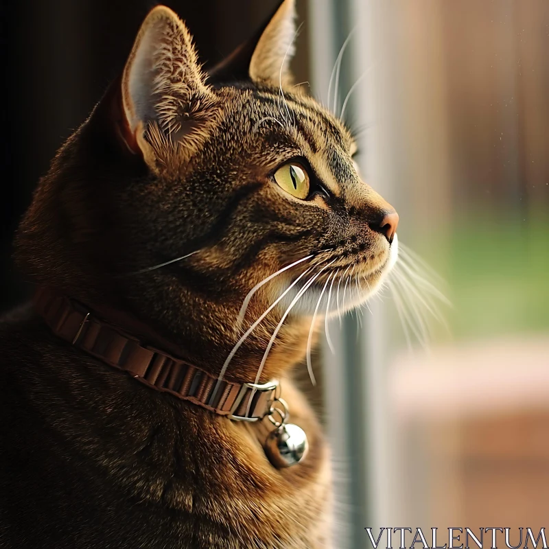 Cat with Collar Looking Outside AI Image