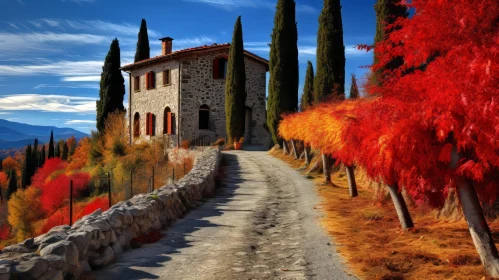 Captivating Red Trees on Road | Idyllic Rural Scenes