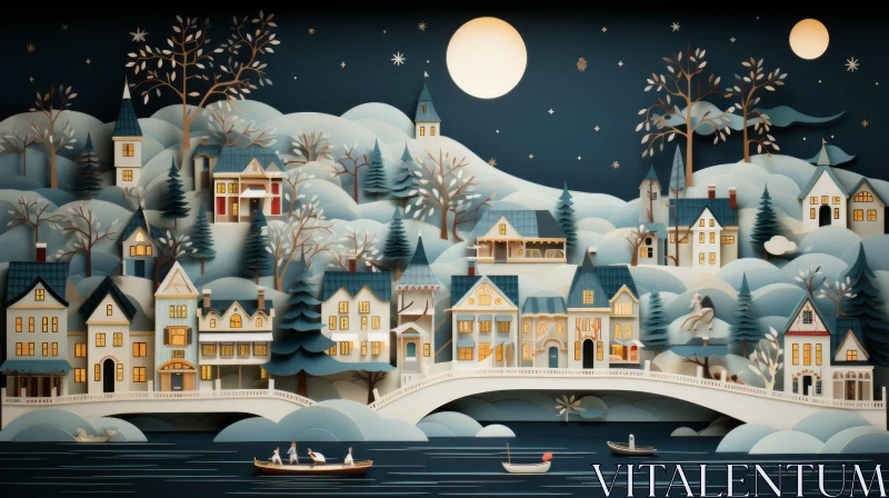 Delicately Detailed Paper Art Illustration of a Romantic Moonlit Village and River AI Image