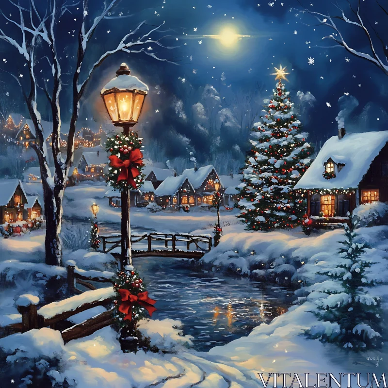 Charming Snowy Night in Christmas Village AI Image