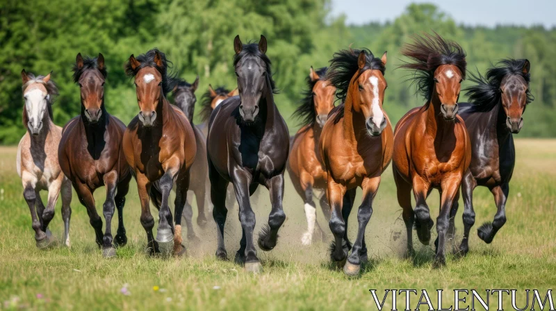 Galloping Horses in a Serene Field AI Image