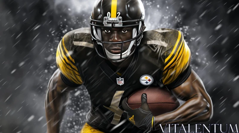 Intense Football Player in Snowy Forest AI Image