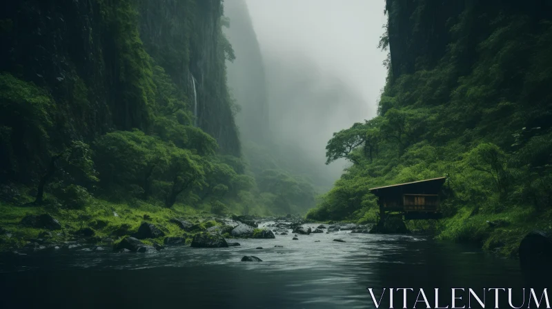 Misty Mountain River and Hut: A Serene Escape into Nature's Beauty AI Image
