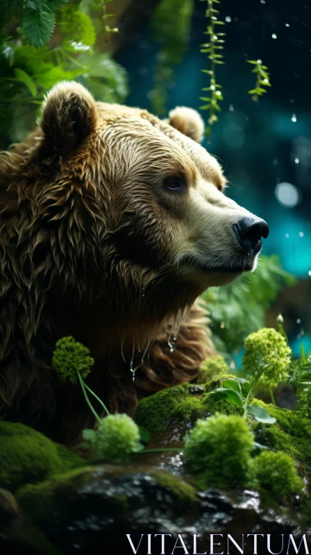 Rain-soaked Bear in Forest - Realistic Artwork AI Image