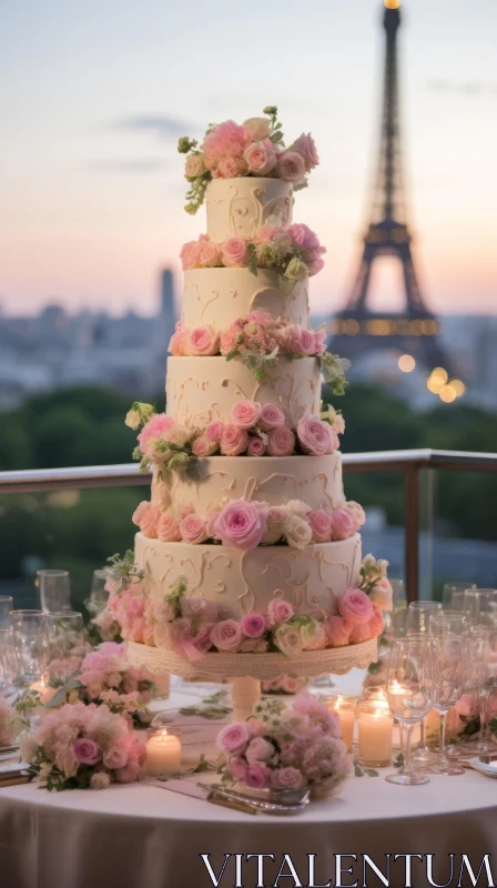 Romantic Parisian Wedding Cake with Pink Flowers AI Image