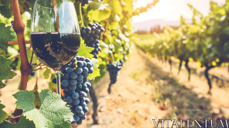 Serene Scene: Glass of Red Wine in a Lush Vineyard AI Image