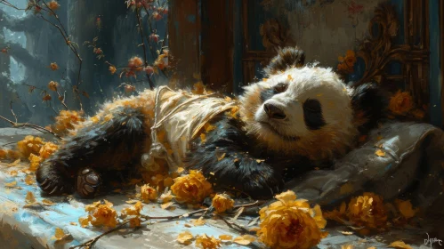 Sleeping Panda on a Bed of Flowers - Nature Painting