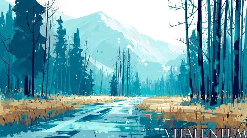 Snowy Mountain Valley Landscape Painting AI Image