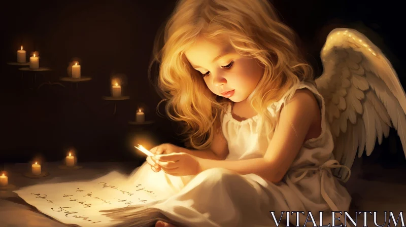 Young Girl with Wings Reading a Book - Peaceful Painting AI Image