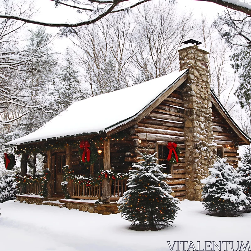 AI ART Festively Decorated Winter Cabin in the Snow