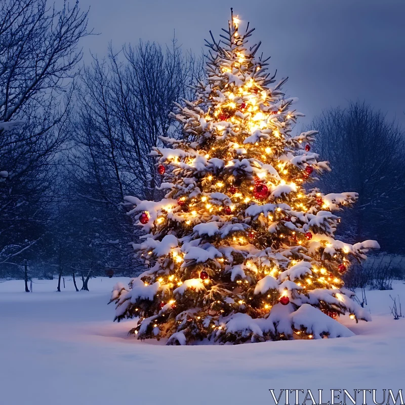 Snowy Christmas Tree Adorned with Lights and Ornaments AI Image