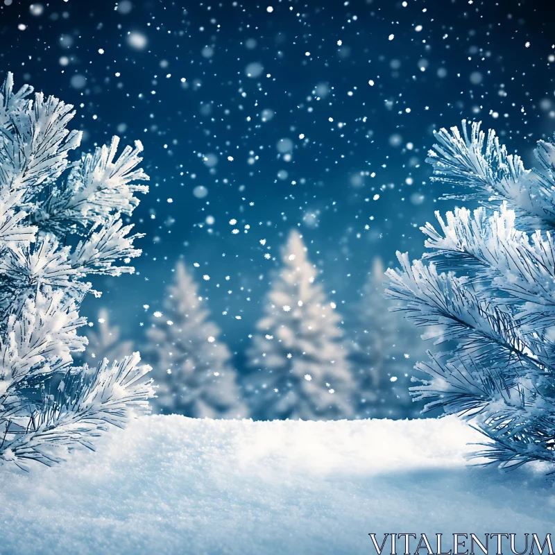 Winter Wonderland: Pine Trees and Snowfall AI Image