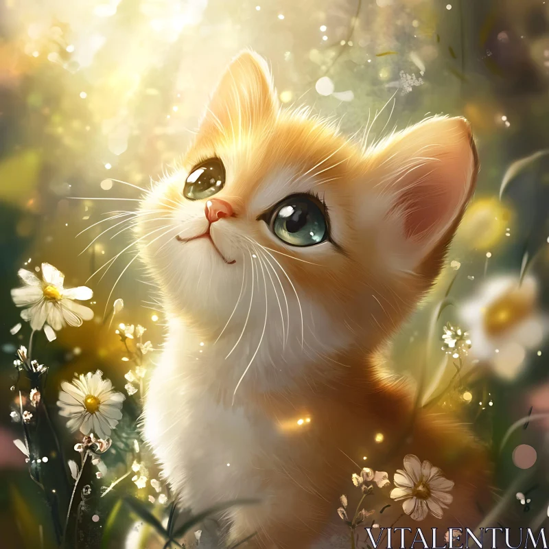 Charming Kitten with Large Eyes in Floral Setting AI Image