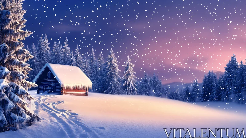 Winter Woodland Retreat Amidst Falling Snow AI Image