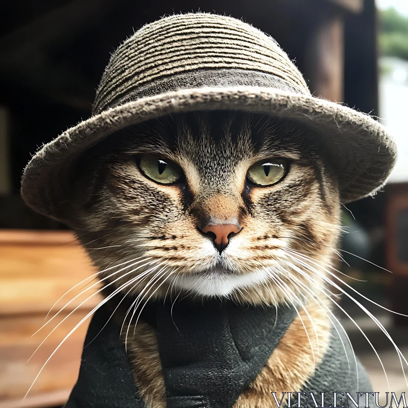 Close-up Portrait of Cat with Woven Hat AI Image