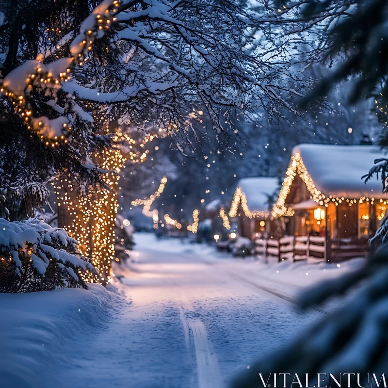 Festive Cabins in a Snowy Landscape AI Image