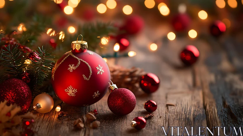 Holiday Decor with Red and Gold Baubles and Bokeh Lights AI Image