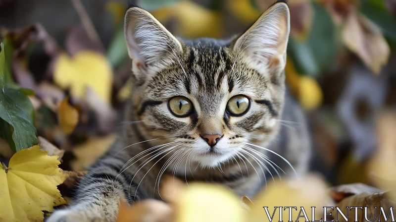 Tabby Cat in Autumn Foliage AI Image